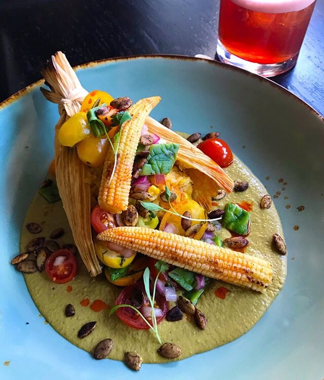 Mole Pipian at @TamayoDenver - sweet corn tamal with roasted vegetables, nopal cactus salad &amp; pepitas (vegan &amp; vegetarian friendly). &iexcl;Que rico!